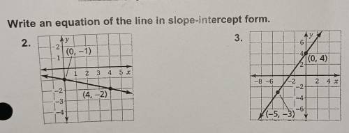 Write an equation of the line in slope-intercept form. 2. 3. (0, -1) (0.4) 2 3 4 5 * 86 (4, -2) -6