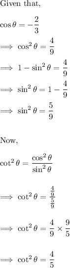 \text{Given that,}\\\\\cos \theta = - \dfrac 23\\\\\implies \cos^2 \theta  = \dfrac 49\\\\\implies 1- \sin^2 \theta = \dfrac 49\\\\\implies \sin^2 \theta =1-\dfrac 49\\\\\implies \sin^2 \theta =\dfrac 59\\\\\\\text{Now,}\\\\\cot^2 \theta = \dfrac{\cos^2 \theta}{\sin^2 \theta} \\\\\\\implies \cot^2 \theta = \dfrac{\tfrac 49}{\tfrac 59}\\\\\\\implies \cot^2 \theta = \dfrac 49 \times \dfrac 95\\\\\\\implies \cot^2 \theta = \dfrac 45\\\\\\