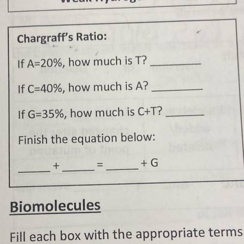 Weak Hydrogen Bond

Chargraff's Ratio:
If A=20%, how much is T?
If C=40%, how much is A?
If G=35%,