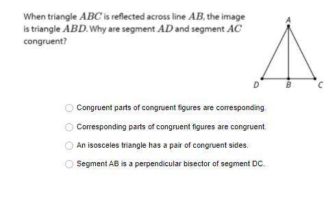 When triangle ABC is reflected across line AB, the image is triangle ABD. Why are segment AD and se