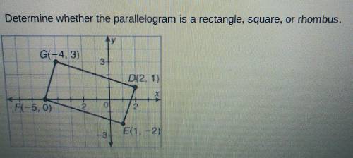 9. Determine whether the parallelogram is a rectangle, square, or rhombus. G(-4,3), D(2,1) F(-5, 0)