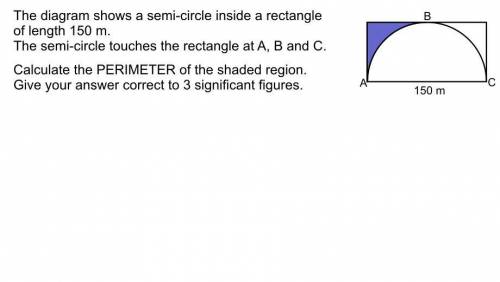 Diagram shows a semicircle inside of a rectangle with a length 150 cm￼ The semicircle touches the r