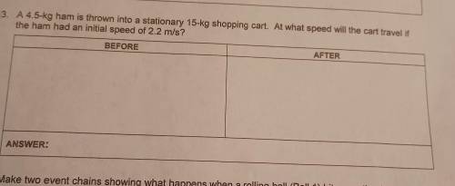 HELP PLEASE

3. A 4.5-kg ham is thrown into a stationary 15-kg shopping cart. At what speed will t