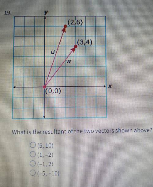 19. What is the resultant of the two vectors shown above?

A. (5,10)B. (1,-2)C. (-1,2)D. (-5,-10)