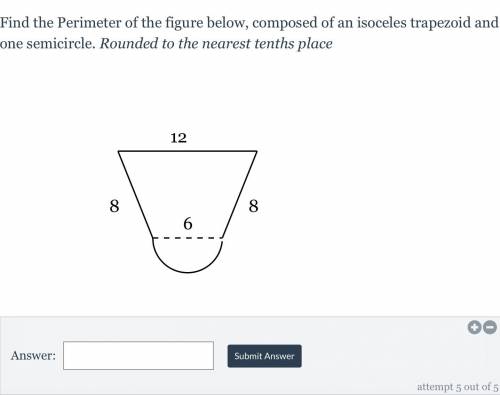 Find the Perimeter of the figure below, composed of an isoceles trapezoid and one semicircle. Round