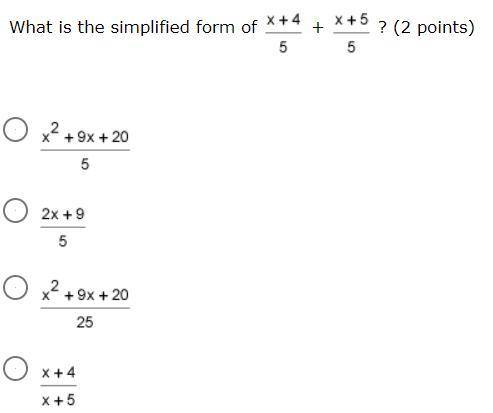 What is the simplified form of the quantity of x plus 4, all over 5 + the quantity of x plus 5, all