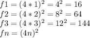 f1 = (4*1)^{2} = 4^{2} = 16\\f2 = (4*2)^{2} = 8^{2} = 64\\f3 = (4*3)^{2} = 12^{2} = 144\\fn = (4n)^{2}