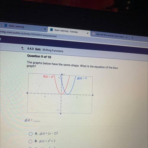 Help me pls ASAP

The graph below have the same shape. What is the equation of the blue graph?