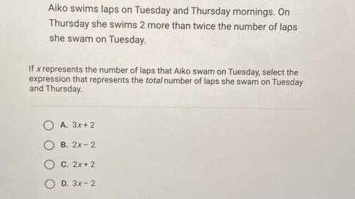 Aiko swims laps on tuesday and thrusday mornings. on thursday she swims 2 more than twice the numbe