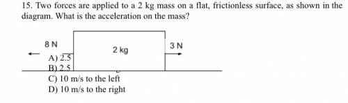“Two forces are applied to a 2 kg mass on a flat, frictionless surface, as shown in the diagram. Wh