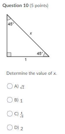 Determine the value of x.

Question 10 options:
A) 
B) 
1
C) 
D) 
2