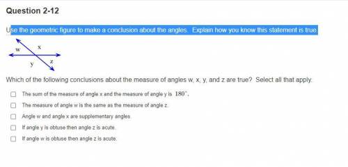 Use the geometric figure to make a conclusion about the angles. Explain how you know this statement