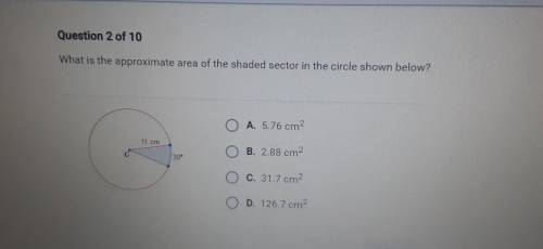 What is the approximate area of the shaded sector in the circle shown below? A. 5.76 cm2 B. 2.88 cm