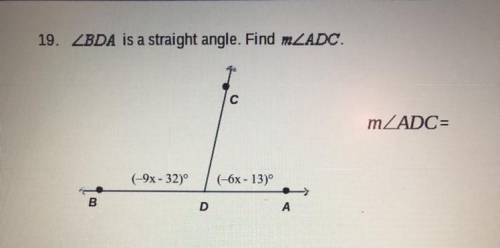 Angel measurement of BDA is a straight angle. Find the angle measurement of ADC.