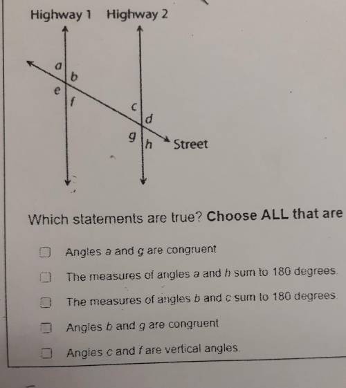 Two parallel highways are crossed by a street, as shown below. Which statements are true? Choose AL