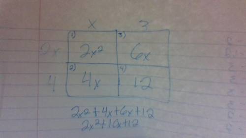 use a diagram to show that (x + 3)(2x +4) is equivalent to 2x² + 10x + 12. Plz respond quick. Will m