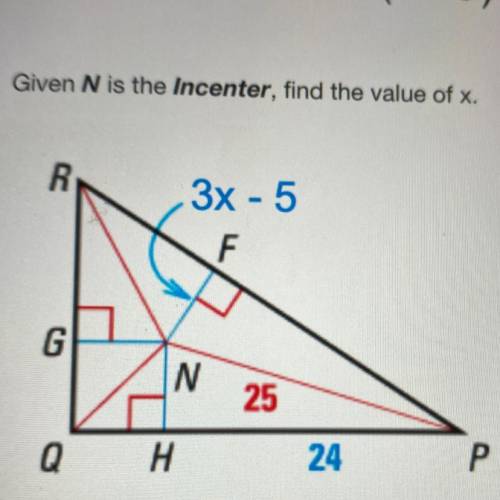 Given N is the Incenter, find the value of x.