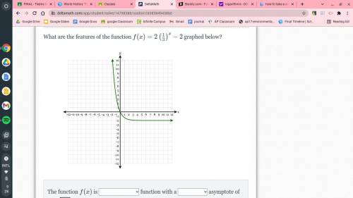 LOOK AT THE ATTACHMENT

What are the features of the function f(x)=2\left(\frac{1}{3}\right)^{x}-2