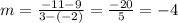 m=\frac{-11-9}{3-(-2)}=\frac{-20}{5}=-4