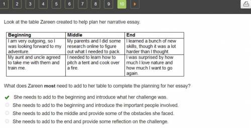 Look at the table Zareen created to help plan her narrative essay.

A table showing the plan for c