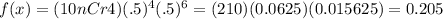 f(x)=(10nCr4)(.5)^{4} (.5)^{6} =(210)(0.0625)(0.015625)=0.205