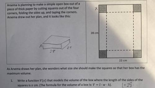 I need the function for the volume of the box for number 1
