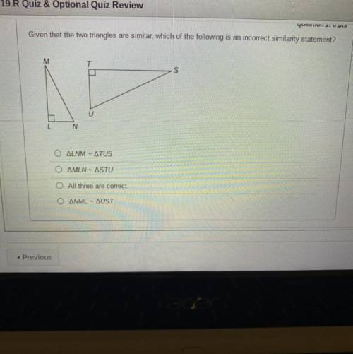 Given that the two triangles are similar, which of the following is an incorrect similarity stateme