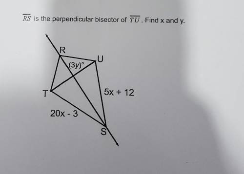 RS is the perpendicular bisector of TU. Find x and y