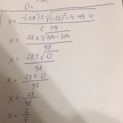 Describe the nature of the roots for the equation 49x^2-28x+4=0.