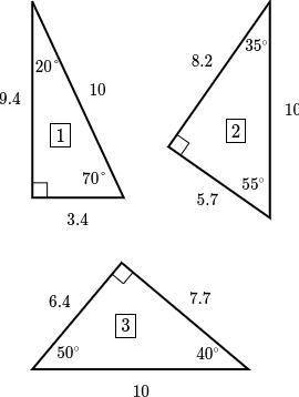 Right triangles 1, 2, and 3 are given with all their angle measures and approximate side lengths. U