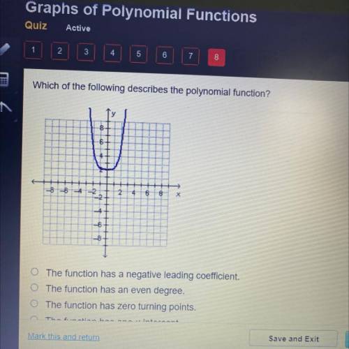 Which of the following describes the polynomial function?

6
--8--6-
-2.
-2
2
4
6
8
x
х
-6
8
O The