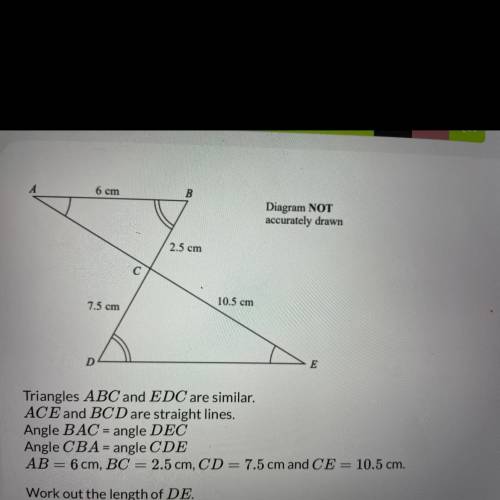 Triangles ABC and EDC are similar.

ACE and BCD are straight lines.
Angle BAC = angle DEC
Angle CB