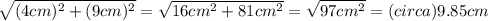 \sqrt{(4 cm)^2 + (9 cm)^2} = \sqrt{16 cm^2 + 81 cm^2} = \sqrt{97 cm^2} = (circa) 9.85 cm