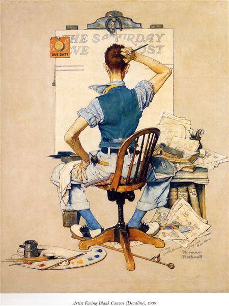 Look at this piece of artwork by Norman Rockwell titled

“Artist Facing Blank Canvas” made in 1938