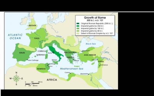 Use the map to answer the following question:

Which geographical feature helped Rome to develop t