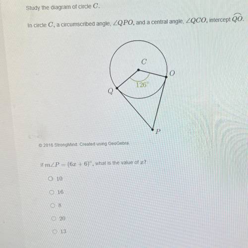 Study the diagram of circle C.

In circle C, a circumscribed angle, QPO, and a central angle, QCO,