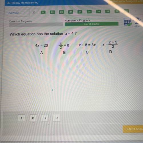 Which equation has the solution x=4?