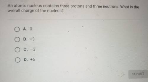 An atom's nucleus contains three protons and three neutrons. What is the overall charge of the nucl