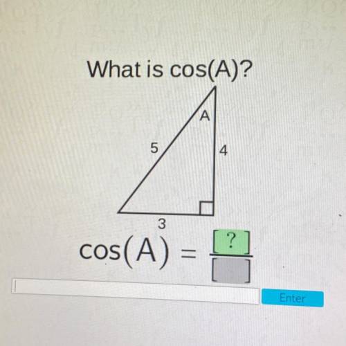 What is cos(A)?
01
4
3
COS
cos(A) =
Enter