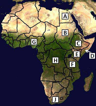 PLS HELP FAST  On the map below, country G is __________ and country H is __________.

A.
Keny