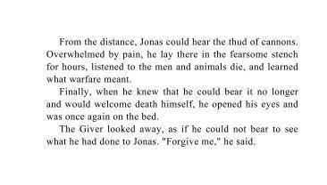 Describe the memory of warfare Jonas receives in this chapter. What does Jonas experience physicall