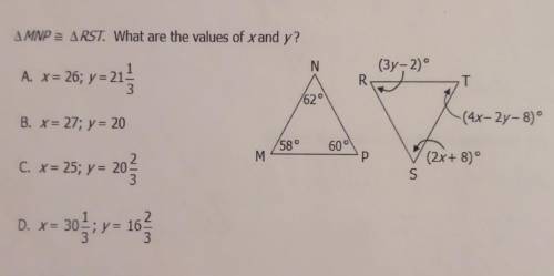 Triangle MNP is congruent to Triangle RST. What are the values of x and y?