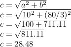 c = \sqrt{a^{2} + b^{2} } \\c = \sqrt{10^{2} + (80/3)^{2}}\\c = \sqrt{100 + 711.11}\\c = \sqrt{811.11} \\c = 28.48