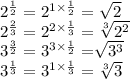 2 ^{ \frac{1}{2} }  = 2 ^{1 \times  \frac{1}{2} }  =  \sqrt{2}  \\  {2}^{ \frac{2}{3} }  = 2 ^{2 \times  \frac{1}{3} }  =  \sqrt[3]{2 ^{2} }  \\ 3 ^{ \frac{3}{2} }  =  {3}^{3 \times  \frac{1}{2} }  =  \sqrt[]{ {3}^{3} }  \\  {3}^{ \frac{1}{3} }  = 3 ^{1 \times  \frac{1}{3} }  =  \sqrt[3]{3}