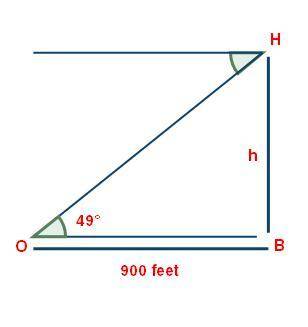 As shown below, an observer (O) is located 900 feet from a building (B). The observer notices a hel