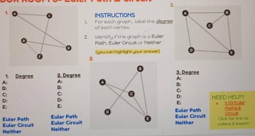 1. INSTRUCTIONS For each graph, label the degree of each vertex.

2. Identify if the graph is a Eu