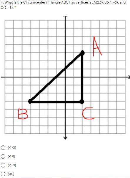 What is the Circumcenter? Triangle ABC has vertices at A(2,3), B(-4, -3), and C(2, -3).