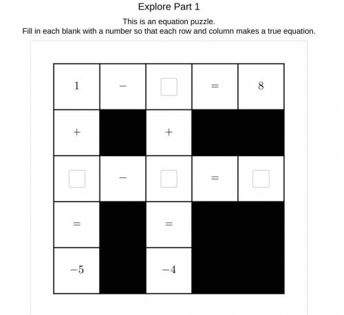This is an equation puzzle.

Fill in each blank with a number so that each row and column makes a