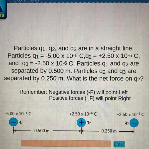 Particles q1, 92, and q3 are in a straight line.

Particles q1 = -5.00 x 10-6 0,92 = +2.50 x 10-6