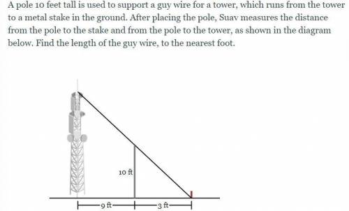 A pole 10 feet tall is used to support a guy wire for a tower, which runs from the tower to a metal